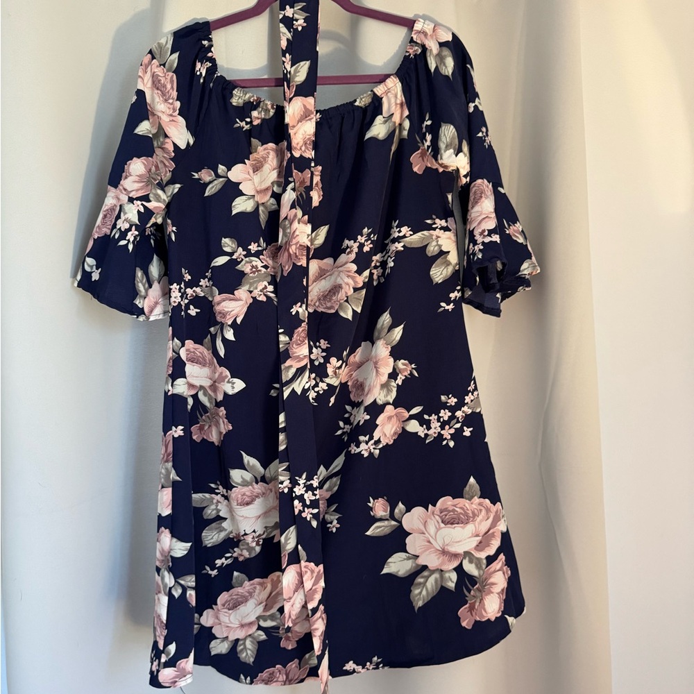 Floral Dress With Tie - Navy and Pink